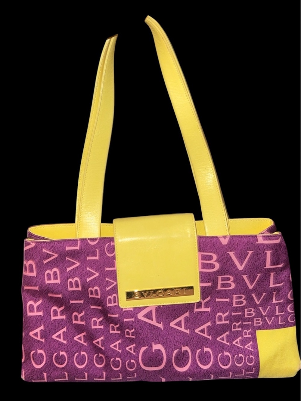 NWT BVLGARI Purple Logo Canvas Shoulder Bag with Yellow Leather Trim